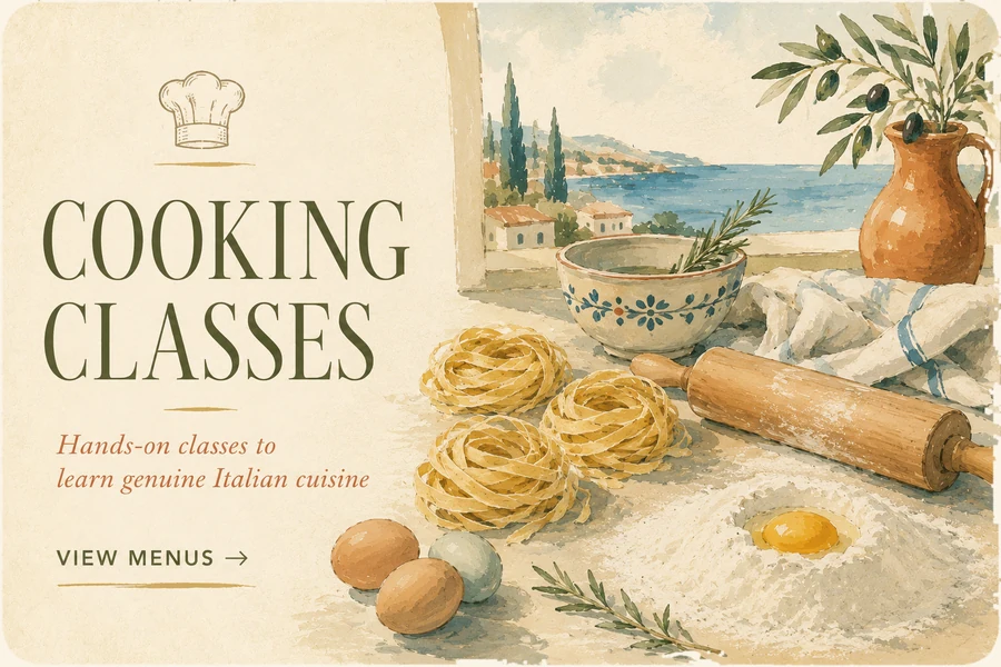Watercolor Cooking Classes card with handmade pasta, flour, eggs and rolling pin.