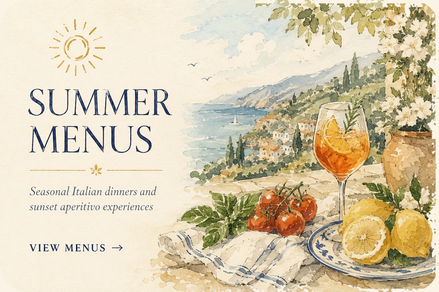 Watercolor hero illustration for Summer Menus, with a coastal Tuscan landscape, spritz glass, lemons and tomatoes.