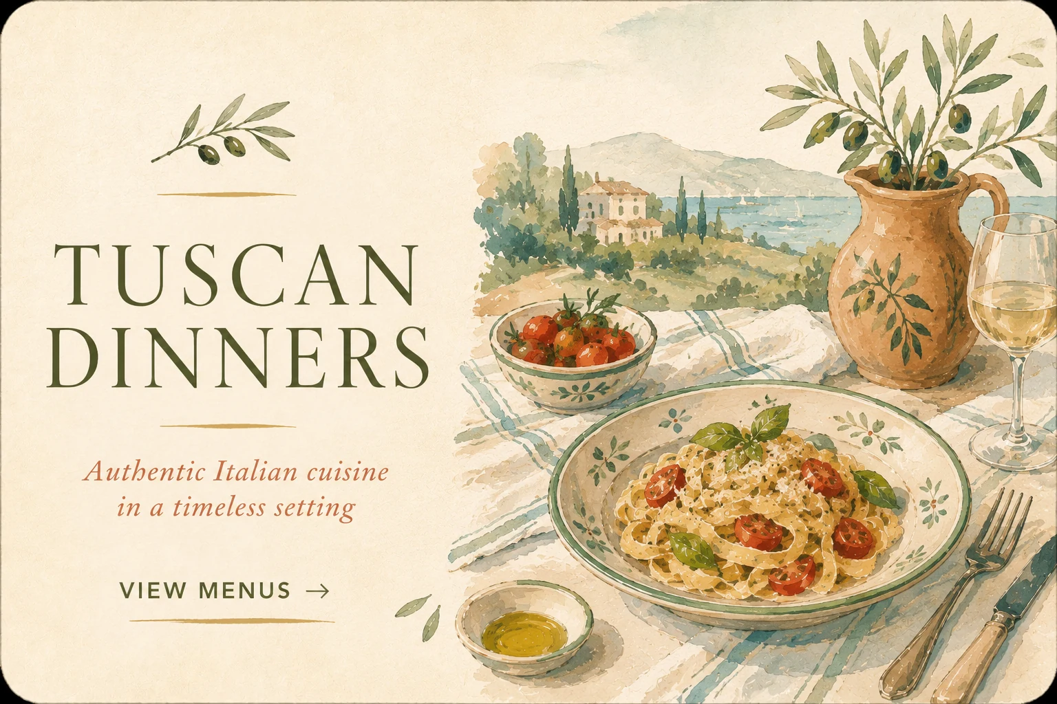 Watercolor Tuscan dinner table with pasta, tomatoes, olive branch and a coastal villa landscape.